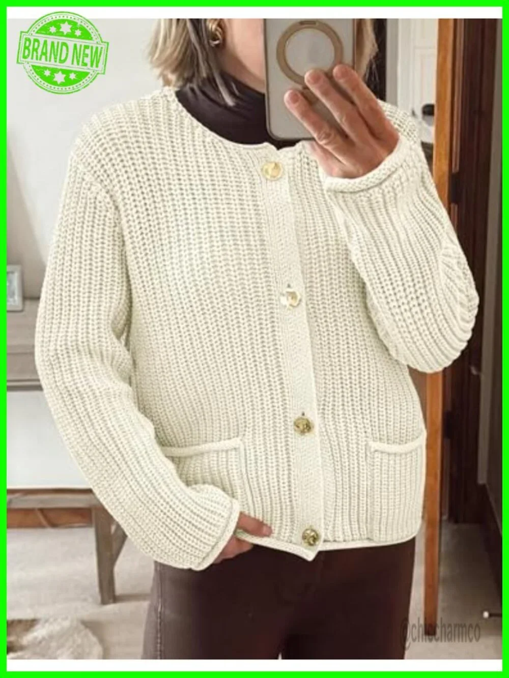 Oversized Chunky Knit Cardigan with Pockets Long Sleeve Crewneck Button Front